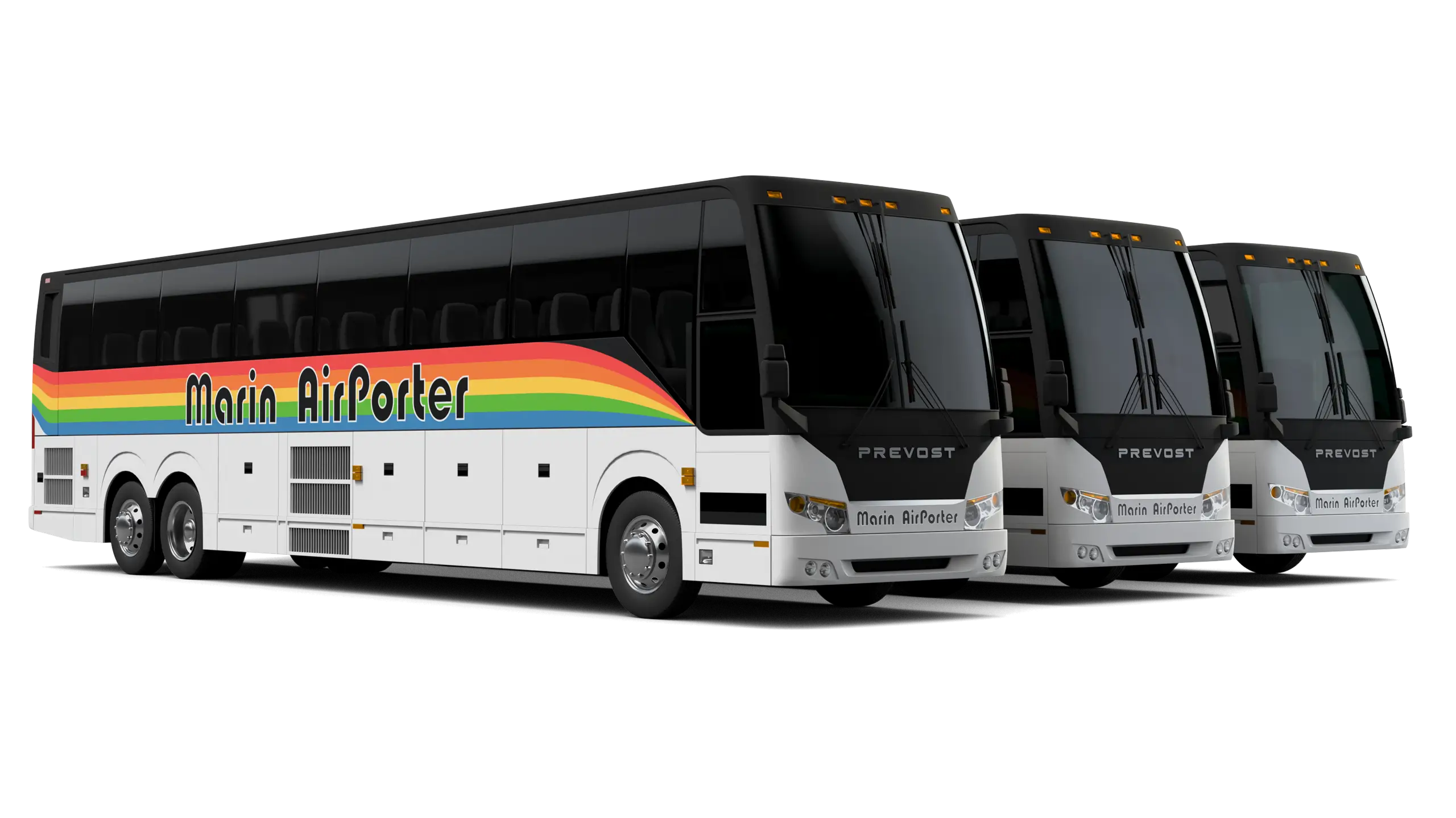 Three Marin Airporter charter buses lined up side by side on a white background.