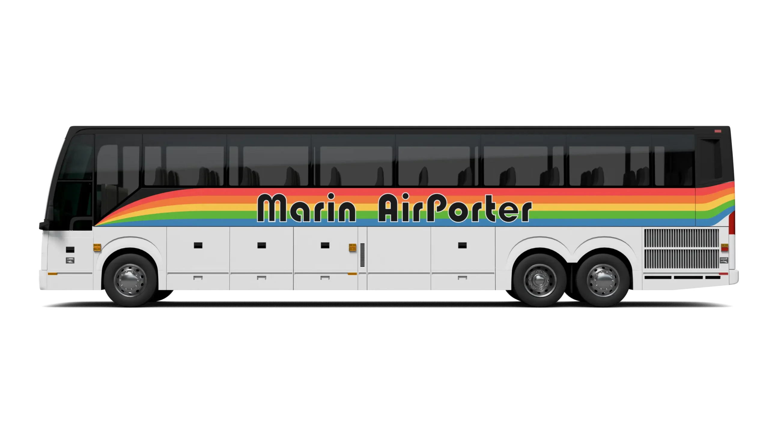 Marin Airporter charter bus with retro rainbow stripes on white background