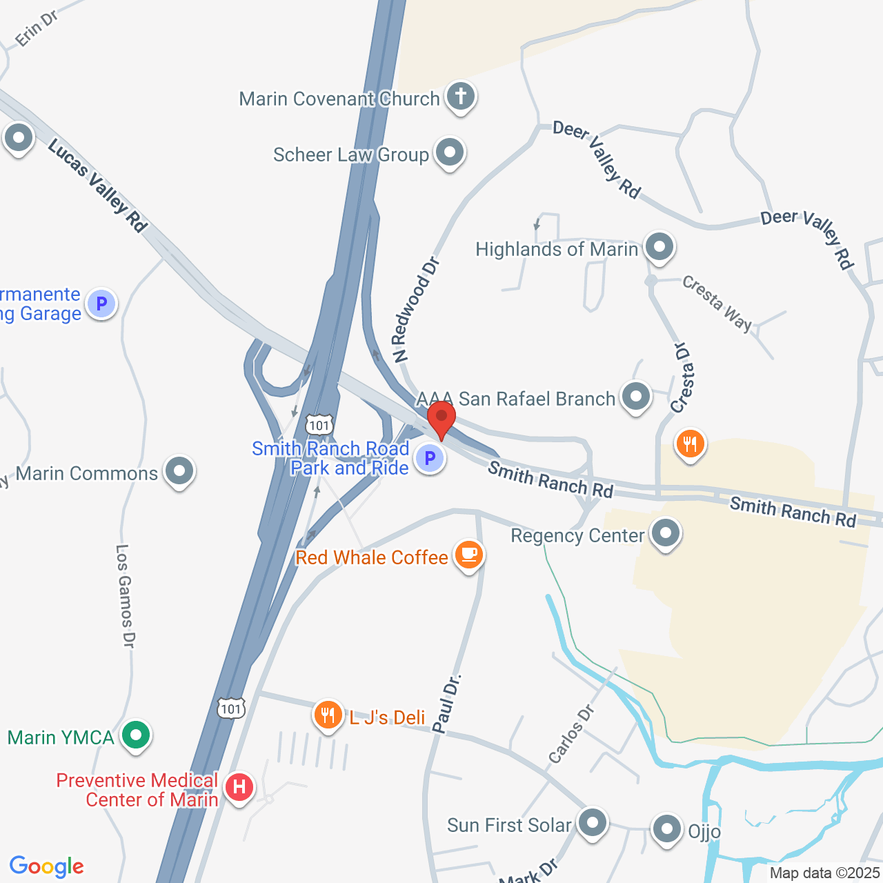 Map showing 25 Smith Ranch Road, San Rafael, CA